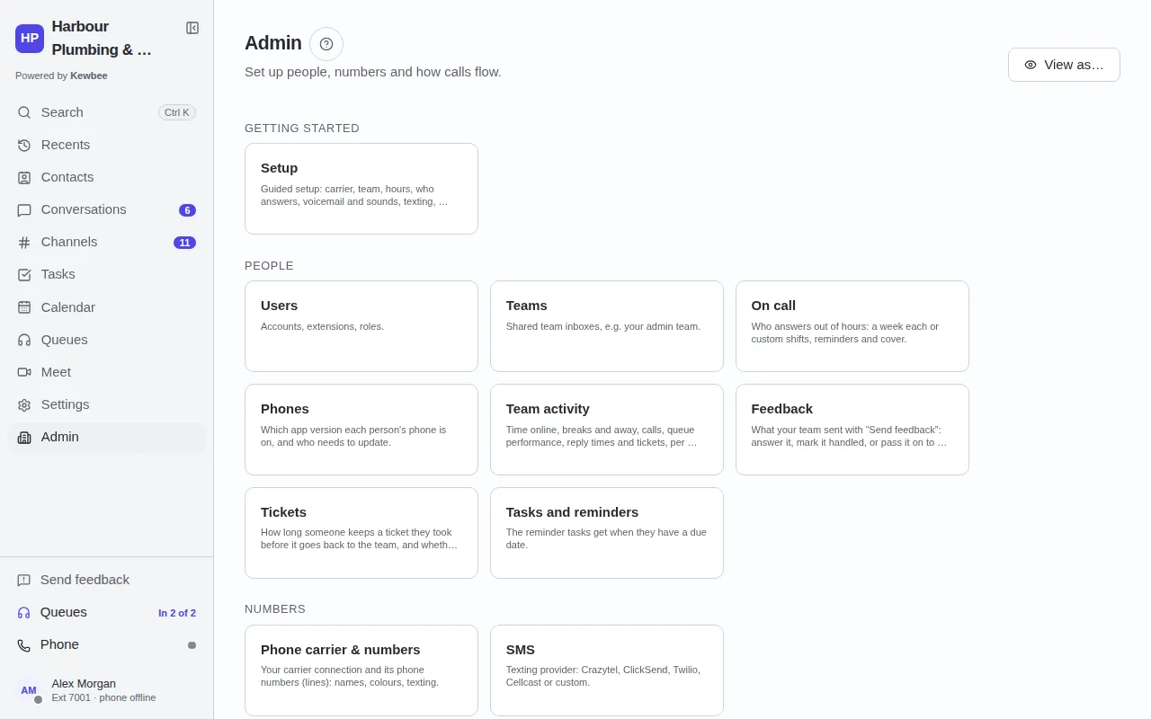 The Admin hub on the web: cards for users, teams, on-call rosters, phone numbers and settings.