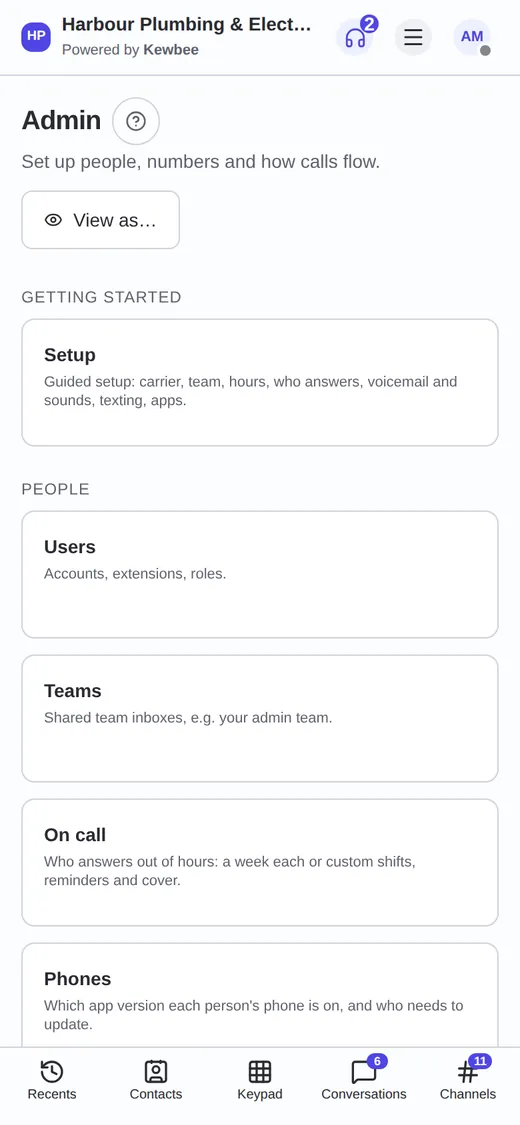 The Admin hub on a phone: the same cards in a single column.