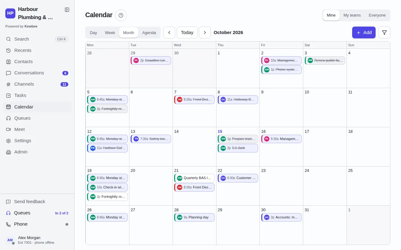 The shared team calendar on the web in month view, with meetings and tasks on their days.