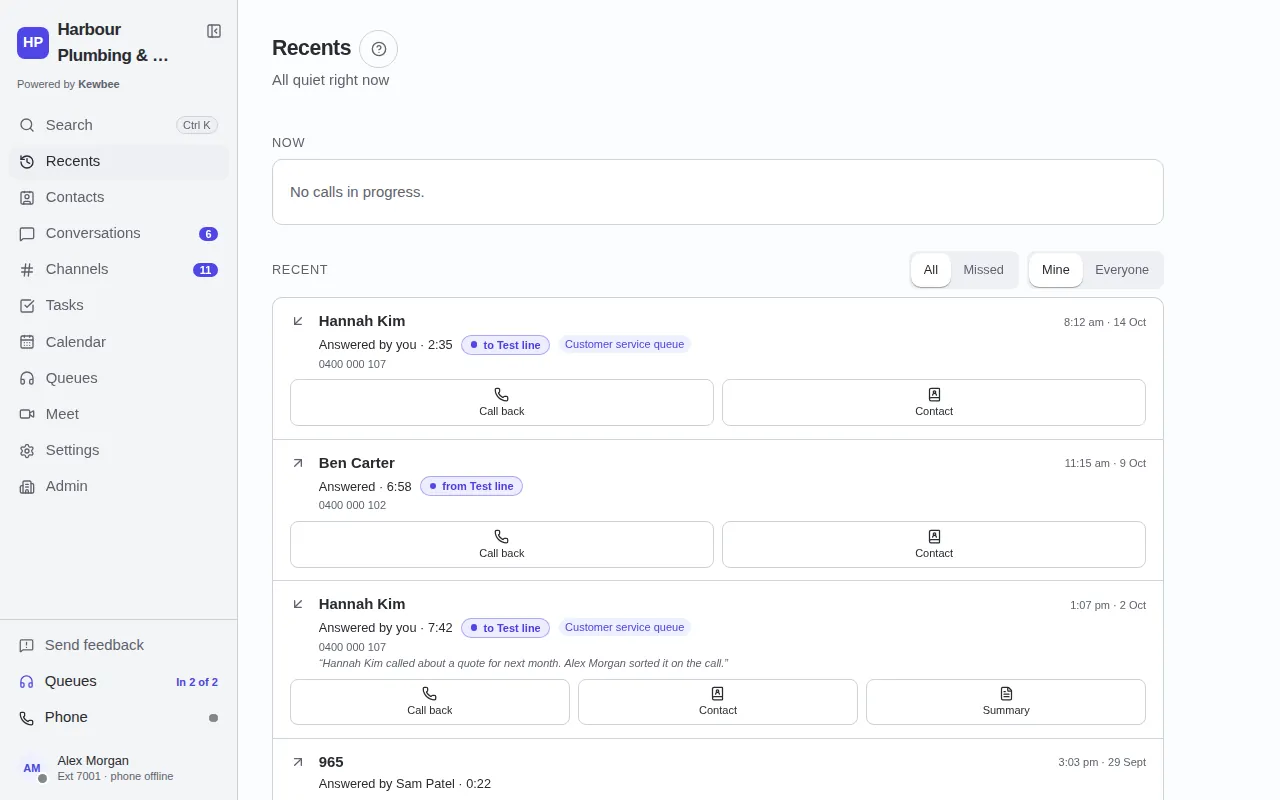 The Recents screen on the web, listing recent calls with call-back buttons.