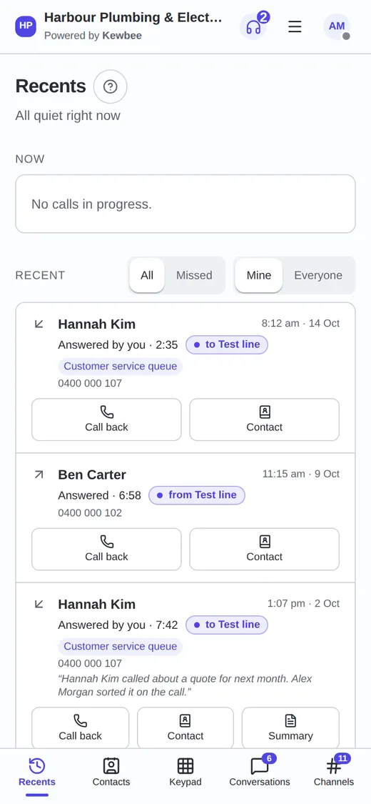 The Recents screen on a phone, listing recent calls with call-back buttons.