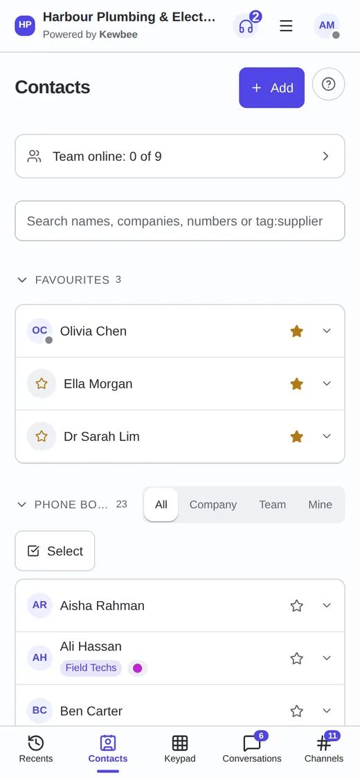 The shared phone book on a phone, with favourites and a search box.