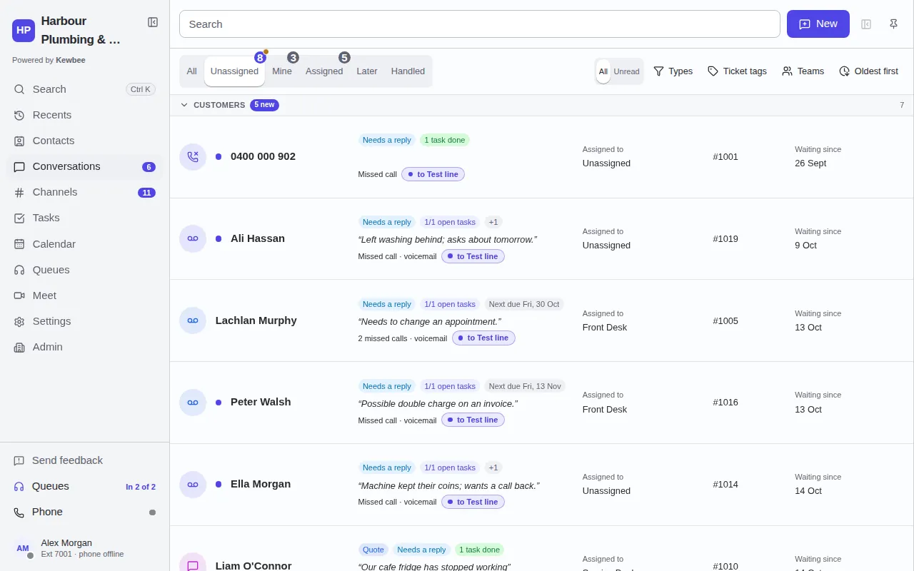The shared inbox on the web, listing unassigned customer calls, texts and chats with their status and tags.