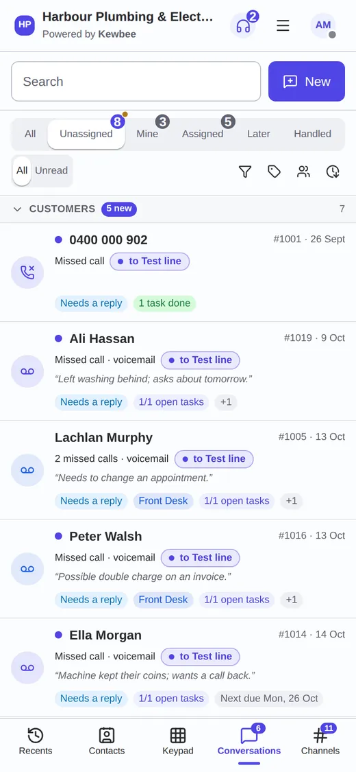 The shared inbox on a phone, listing unassigned customer conversations.