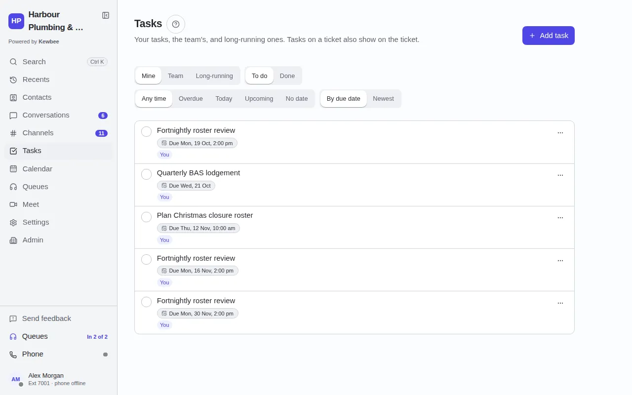 The task list on the web, with due dates and who each task belongs to.