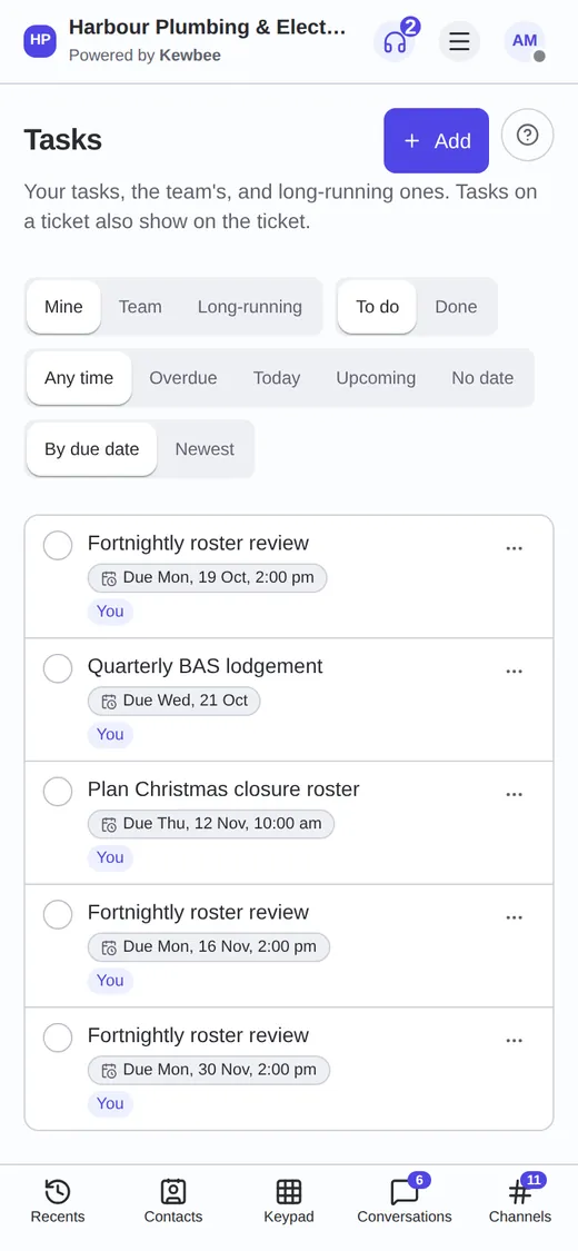The task list on a phone, with due dates and filters.